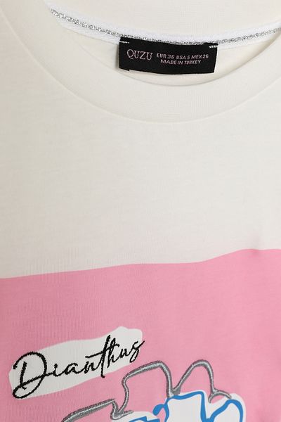 Quzu Ανάγλυφο Κέντημα εμπριμέ T-Shirt εκρού