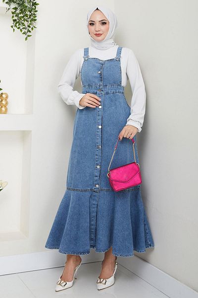 hafsamina Denim Salopet Dress with Ruffled Hem Buttons Blue Hm2672