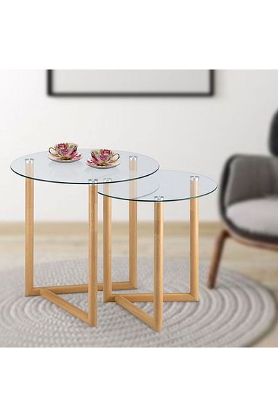 Danube Home Bryner Glass Nesting Table Set of 2  L48xW48xH48cm - Natural Oak