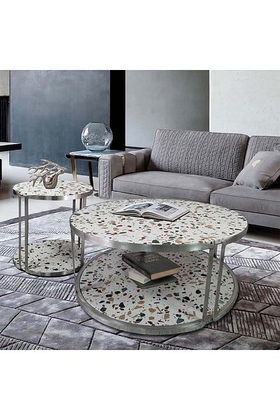Danube Home طاولة قهوة دائرية من فينفيتو، الطول 90 × العرض 90 × الارتفاع 40 سم - نقشة بيضاء