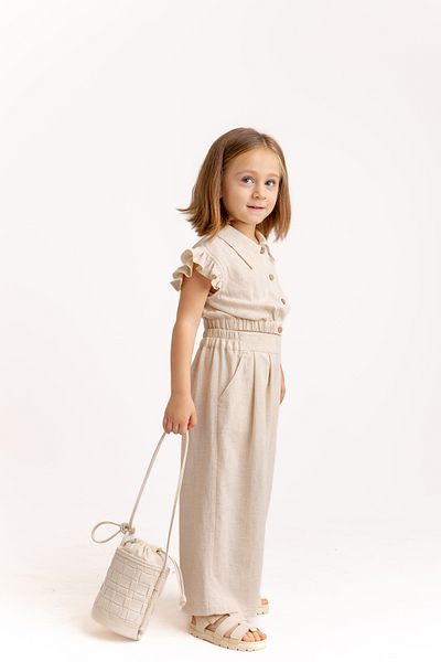 Oliven The Kid Pantaloni largi pentru fete, cu pliuri din in bej, cu buzunare laterale elastice