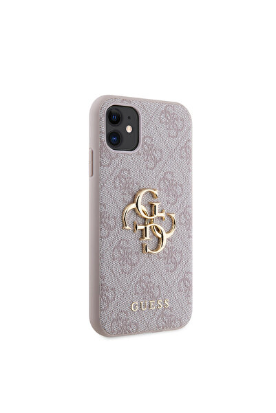 Guess iPhone 11 Compatible Case Guess Pu Leather Big Metal Logo Design Cover Pink