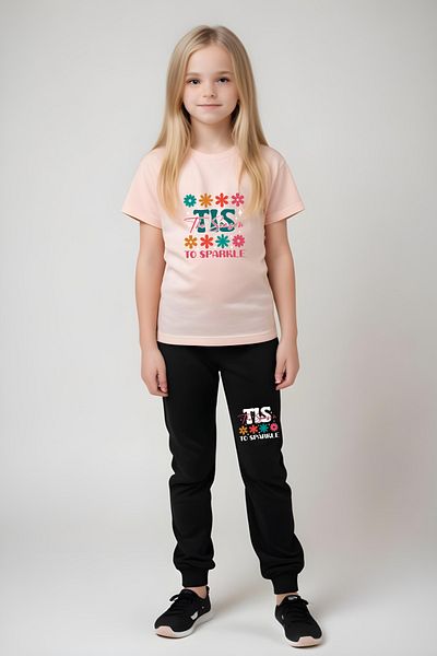 panios kids Pink Printed Girl's T-Shirt and Sweatpants Set