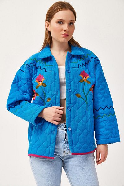 CALİENTE Flower Pattern Embroidered Quilted Jacket Blue