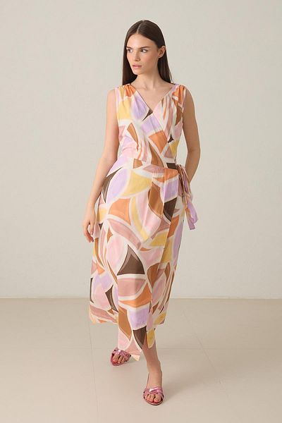 Setre Pink Asymmetrical V Neck Waist Seated Sleeveless Cotton Print Dress