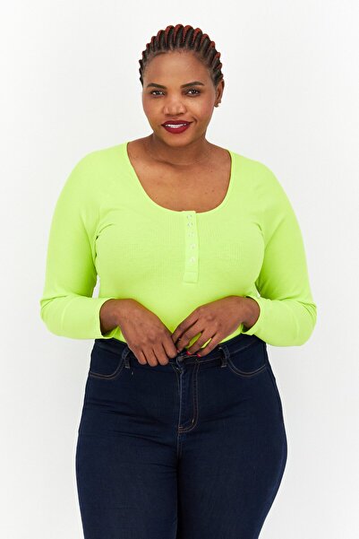 Nina Parker بدلة جسم نسائية كبيرة الحجم بأكمام طويلة ومضلعة، لون أخضر ليموني