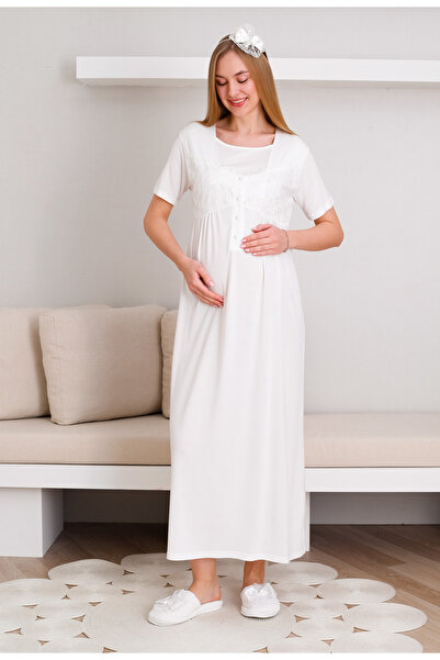 ERDENİZ TEKSTİL Maternity Nightgown with Lace Detail, Breastfeeding / Hijab Clothing / 2-Piece Set with Buttons / Slippers and Crown Gift