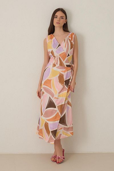 Setre Pink Asymmetrical V Neck Waist Seated Sleeveless Cotton Print Dress