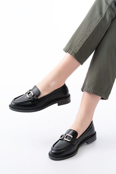 JAKJOUR Women's Loafer Square Buckle Black Daily Comfortable Soft Shoes
