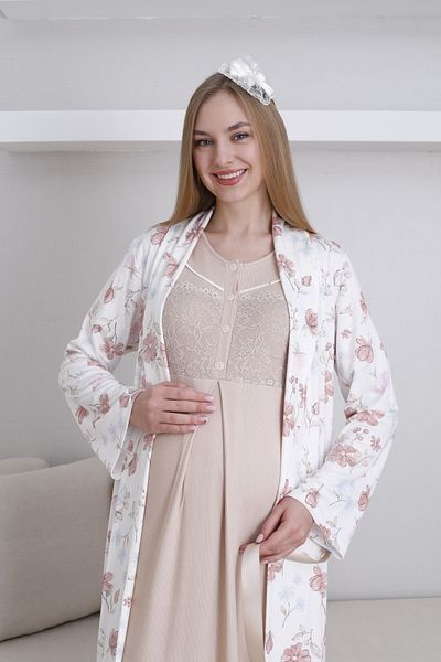 ERDENİZ TEKSTİL Floral Print,Mermaid Fabric Dressing Gown Button Collar Short Sleeve Maternity-Maternity Nightgown 2-Piece Set