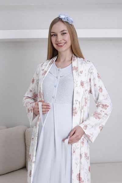 ERDENİZ TEKSTİL Floral Print,Mermaid Fabric Dressing Gown Button Collar Short Sleeve Maternity-Maternity Nightgown 2-Piece Set