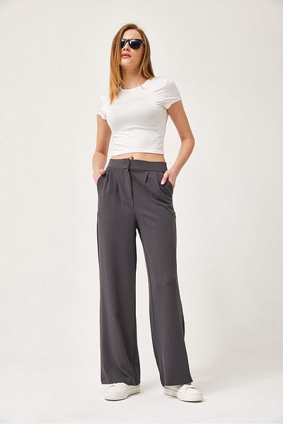 CALİENTE High Waist Pocket Palazzo Trousers Smoked