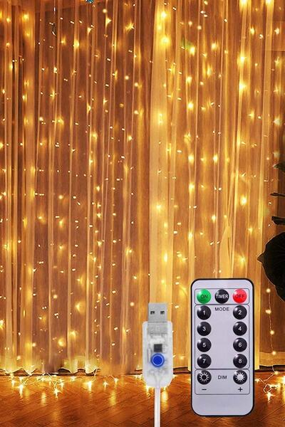 BYSHOME Perde Led Işık 3 X 3 Metre 300 Ledli Kumandalı Usb'li 8 Animasyonlu Dekoratif Amaçlı