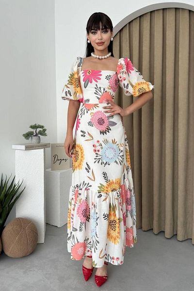 Moda Amore Μίντι λινό φόρεμα με τετράγωνο λαιμό με μανίκια με μοτίβο ηλίου 009