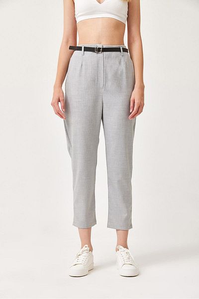 CALİENTE Zippered Belt Detailed Woven Fabric Trousers Gray