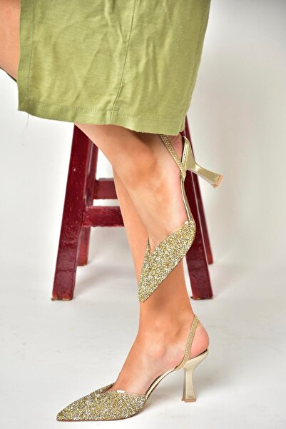 Fox Shoes U614567114 Altın Sim Kalın Topuklu Abiye Ayakkabı