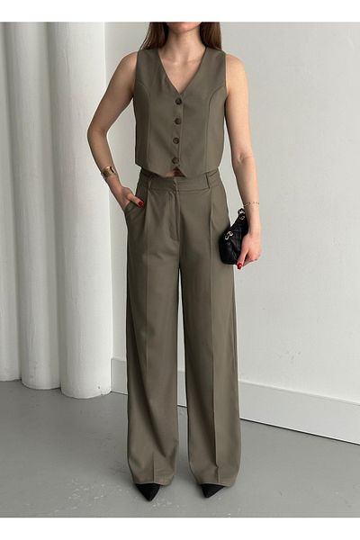 Laluvia Khaki Linda Weste Pantolono Set - 8479