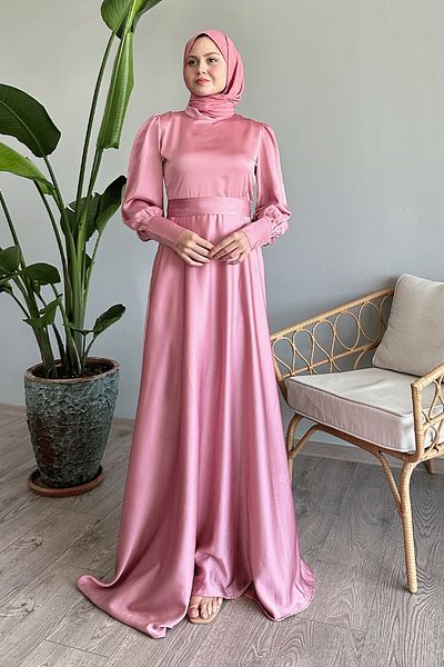InStyle Powder Colored Satin Dress - Sleeve Zippered