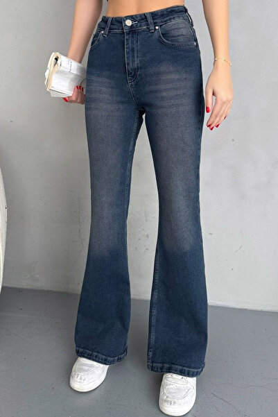 MissKybele Yüksek Bel Yıkamalı Fermuar Kapamalı Fit Kesim Tarz Likralı Esnek İspanyol Paça Jean Pantolon