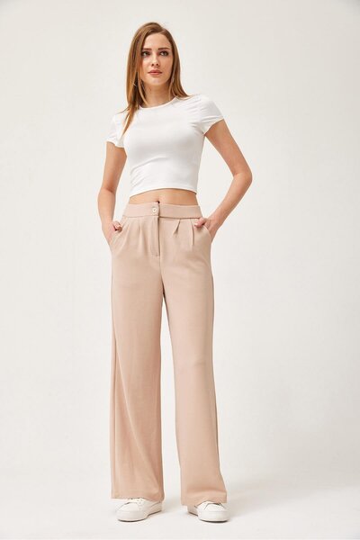 CALİENTE High Waist Pocket Palazzo Trousers Cream