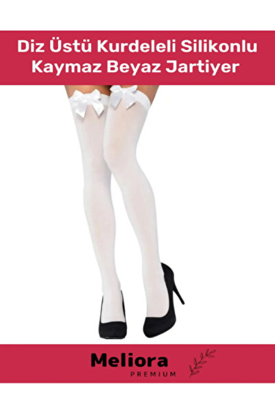 Pastimore Diz Üstü Kurdeleli Silikonlu Kaymaz Dayanıklı Beyaz Jartiyer Fantez...
