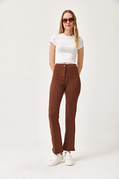 CALİENTE High Waist Lycra Comfortable Knitted Trousers Brown