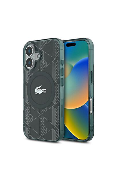 Lacoste iPhone 16 Kılıf Lacoste Lisanslı Magsafe Uyumlu IML Baskılı Timsah Logolu Monogram Kapak Yeşil