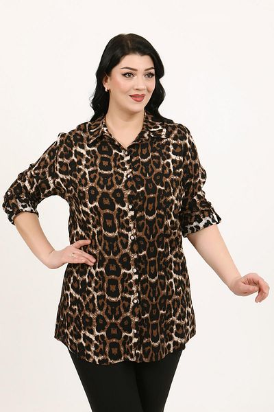 By Alba Collection Дамска кафява леопардова риза от памук и вискоза, големи размери