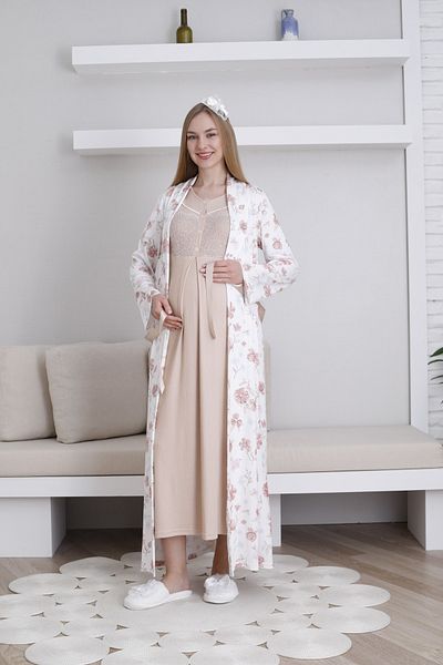 ERDENİZ TEKSTİL Floral Print,Mermaid Fabric Dressing Gown Button Collar Short Sleeve Maternity-Maternity Nightgown 2-Piece Set