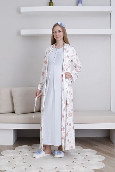 ERDENİZ TEKSTİL Floral Print,Mermaid Fabric Dressing Gown Button Collar Short Sleeve Maternity-Maternity Nightgown 2-Piece Set