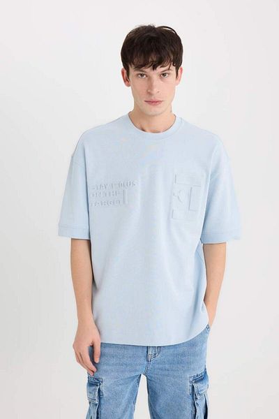 DeFacto Tricou cu mânecă scurtă imprimat cu mânecă scurtă, cu croială largi, din țesătură grea