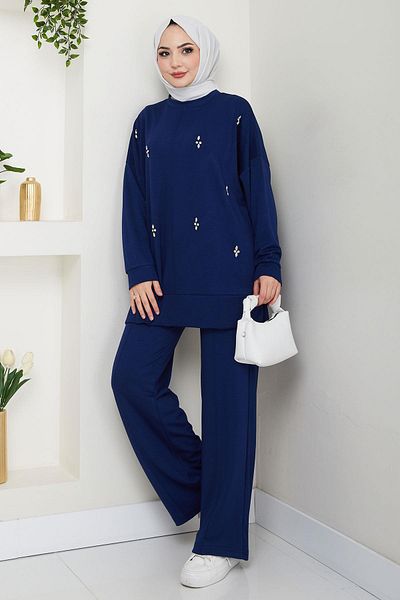 hafsamina Stone Detailed Double Suit Navy Blue Hm2665