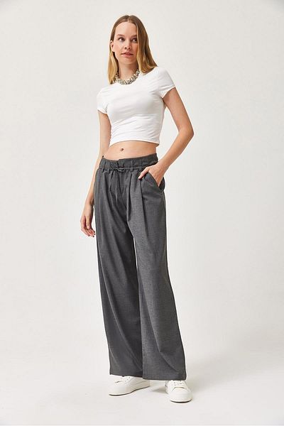 CALİENTE Smoked Loose Trousers with Self-Belt Pockets