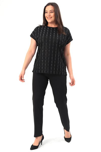 SERTUĞ Trend42Plus Plus Size Silvery Checked Low Sleeve Black Blouse