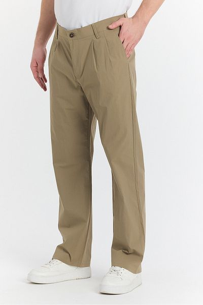 STONCS Men's Beige Pleated Baggy Fabric Pants