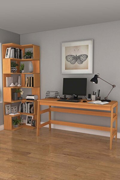 Woodesk Bohem, Ahşap, Çalışma Masası Ve Köşe Kitaplık Takımı, 4 Renk Seçeneği
