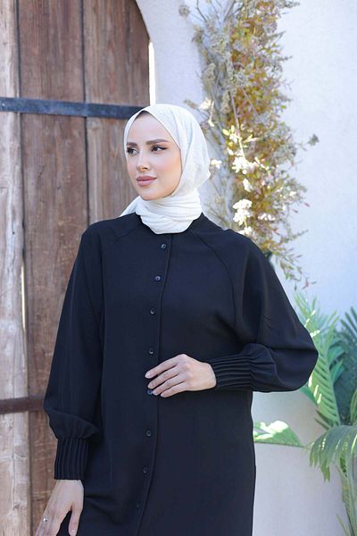 Ebrar Store Hijab Women's Sleeves Ribbed Long Tunic-El1176 Black