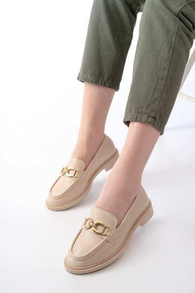 JAKJOUR Kadın Loafer Yuvarlak Tokalı Krem Günlük Rahat Yumuşak Ayakkabı
