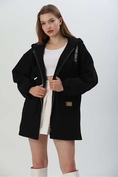 CALİENTE Boucle Pocket Hooded Plush Coat Black