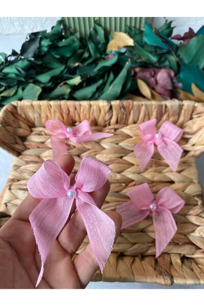 eeeb Pink Linen Ribbon Ready-Made Bow with Pearls -25 Pieces