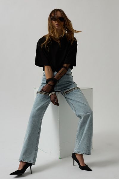 Black Fashion بنطال جينز ذو قصة منخفضة باللون الأزرق