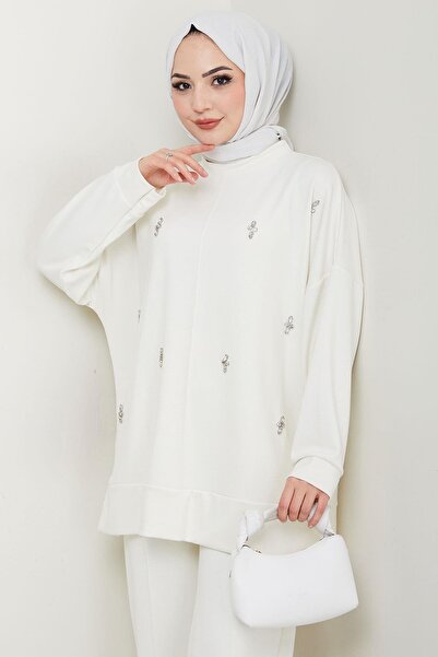 hafsamina Stone Detailed Double Set - Ecru Hm2665