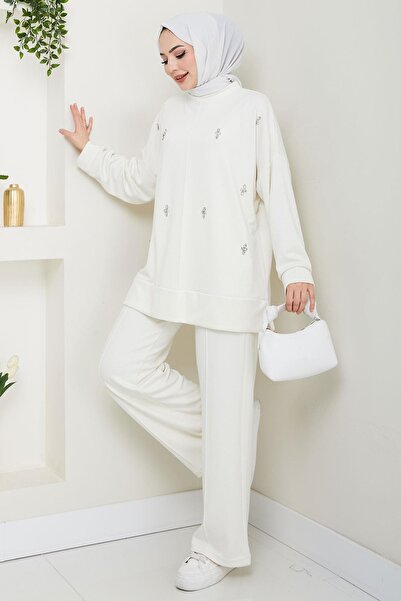 hafsamina Stone Detailed Double Set - Ecru Hm2665