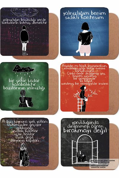Hayat Poster Loneliness Calm Motivation Quotes Aesthetic Decor Home Kitchen Cafe Set of 6 Wooden Coasters