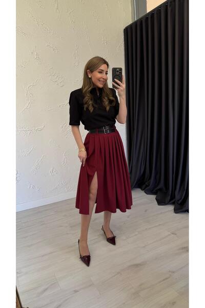 MELEK KOSTAK Women's Midi Skirt - Burgundy Double Belted Pleated and Slit