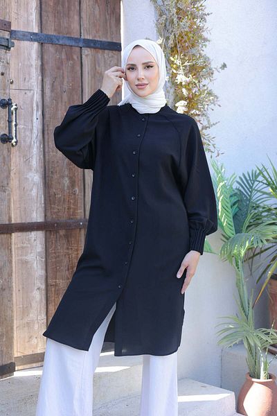 Ebrar Store Hijab Women's Sleeves Ribbed Long Tunic-El1176 Black