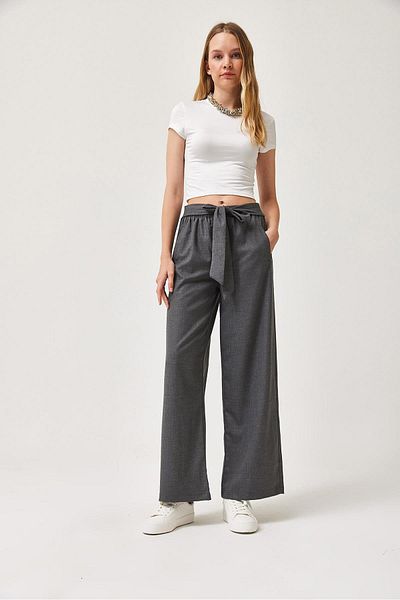 CALİENTE Smoked Loose Trousers with Self-Belt Pockets