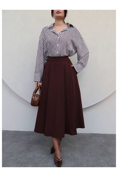ESRAHELVACI Bitter Brown Flared Thick Pleated Midi Skirt