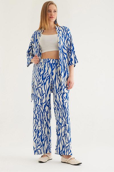 CALİENTE Kimono Pants Crinkle Women's Two Piece Set Blue
