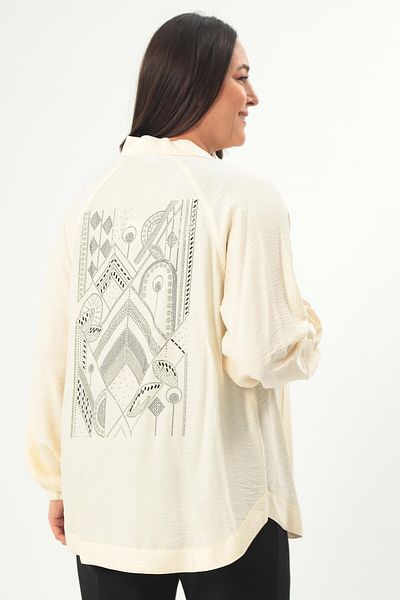 Metpoint Trend42Plus Large Size Back Stone Printed Oversize Ecru Jacket
